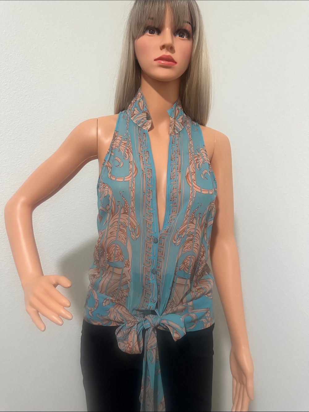 VERSACE BAROQUE Teal & peach Printed Tie-Front Halter Camisole